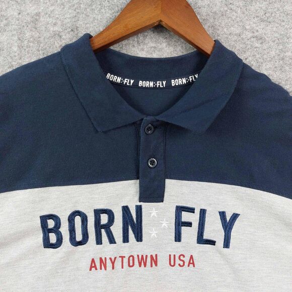 Born Fly Polo Shirt Mens XL Anytown USA Colorblock Yellow Navy Blue Extra Large - Picture 3 of 10